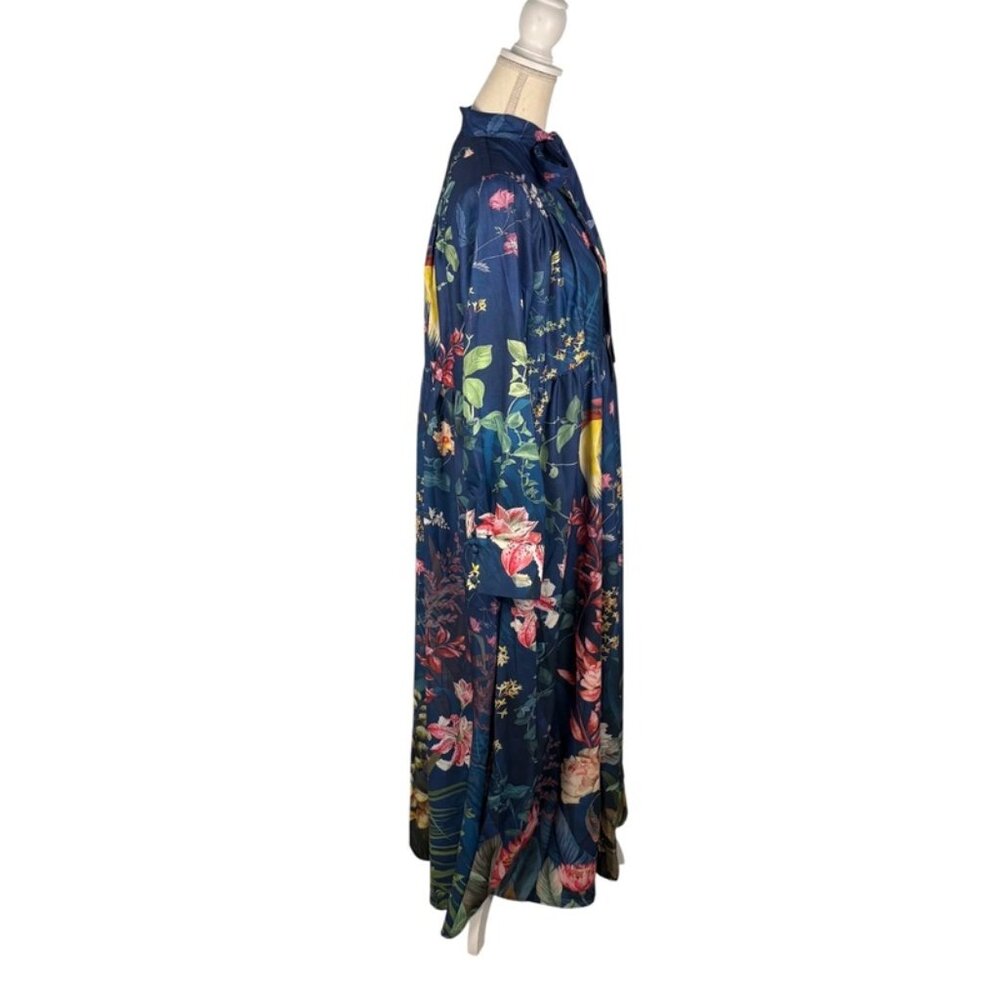 NWT Dalia Macphee Womens Navy Multi Long Sleeve Tie Neck Floral Maxi Dress Sz L - Picture 5 of 15